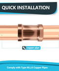 Five Pack Press Fit Copper XL Couplings With No Stop Sleeve For 4 Inch Pressure Line Heavy Duty Plumbing Gear close-up of copper pipe installation.