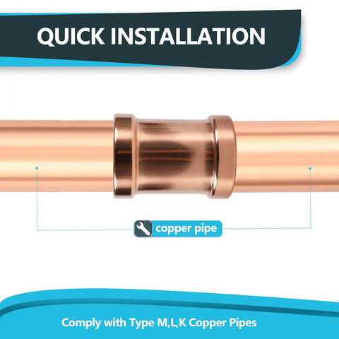 Five Pack Press Fit Copper XL Couplings With No Stop Sleeve For 4 Inch Pressure Line Heavy Duty Plumbing Gear close-up of copper pipe installation.