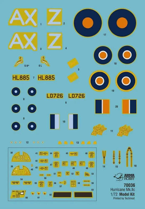 Decals for One Seventy Two Scale Hurricane Mk IIc Tropical Plastic Model Kit with roundels and markings
