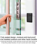 Door Access Card Reader 26 To 34 Channel 125KHz RFID ID Card Reader installed by a glass door with "PULL" sign visible.