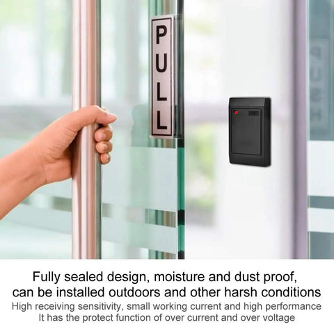 Door Access Card Reader 26 To 34 Channel 125KHz RFID ID Card Reader installed by a glass door with "PULL" sign visible.