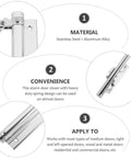 Infographic detailing 2 Pack Automatic Door Closer With Folding Support Arm Stainless Steel And Aluminum Alloy Silver Finish features