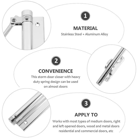 Infographic detailing 2 Pack Automatic Door Closer With Folding Support Arm Stainless Steel And Aluminum Alloy Silver Finish features
