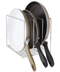 3 Slot Tray And Pan Rack For Kitchen Organization, metal wire pantry storage holding various frying pans, silver finish, space saving