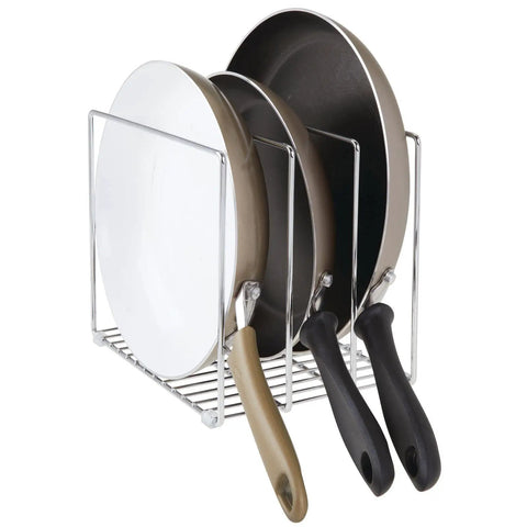 3 Slot Tray And Pan Rack For Kitchen Organization, metal wire pantry storage holding various frying pans, silver finish, space saving
