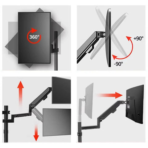 Level Up Your Daily Grind With This Dual Monitor Gas Spring Stand Featuring Height Adjustable Rolling Base Smooth Swivel Arms And Integrated Keyboard Tray For 14 To 43 Inch Displays, showing rotation and adjustment features.