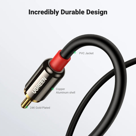 3.5mm To RCA Audio Cable 6.6 Feet 2RCA Male To Aux Adapter For Crisp HiFi Sound, black PVC jacket with 24K gold-plated plug