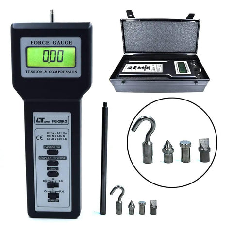 Go To High Resolution Digital Force Gauge 20 Kg Range For Tension And Compression Testing With Peak Hold And Push Pull Capability Peel Testing Ready Three Display Units Includes Factory Calibration Certificate Model FG 20KG, with case and adapters
