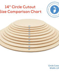14 Inch Diameter Quarter Inch Thick Unfinished Baltic Birch Wood Circles Size Comparison with various dimensions.