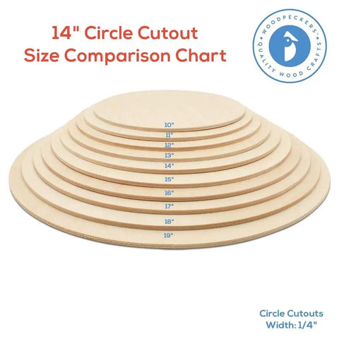 14 Inch Diameter Quarter Inch Thick Unfinished Baltic Birch Wood Circles Size Comparison with various dimensions.
