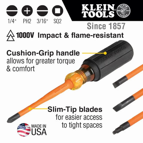 Slim Tip Insulated Screwdriver Set 1000V, 4-Piece Built For Tight Spots And Quick Electrical Work.