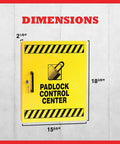 Yellow Lockout Tagout Cabinet Kit For Padlocks with dimensions, featuring secure padlock storage, LOTO control center, OSHA compliant design.