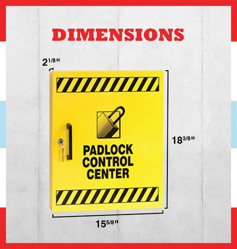 Yellow Lockout Tagout Cabinet Kit For Padlocks with dimensions, featuring secure padlock storage, LOTO control center, OSHA compliant design.
