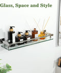 Wall mounted 20 Inch Glass Shelf with chrome brackets holding bath products, showcasing 8mm tempered glass and modern design.