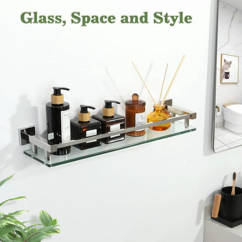 Wall mounted 20 Inch Glass Shelf with chrome brackets holding bath products, showcasing 8mm tempered glass and modern design.