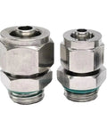 Two Single Quick Twist Hose Fittings for Pneumatic Air Lines, 4mm to 16mm, stainless steel 304 connectors, BSPP male threads, PC316 finish.