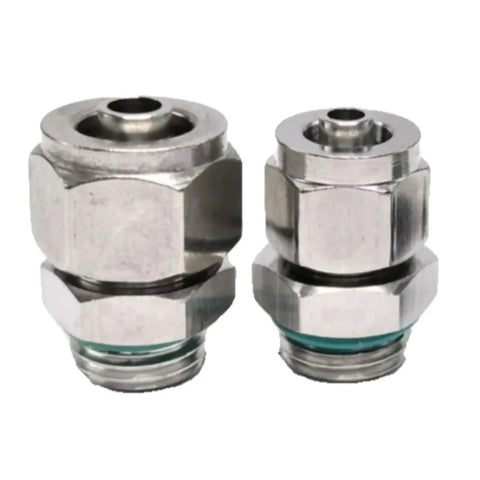Two Single Quick Twist Hose Fittings for Pneumatic Air Lines, 4mm to 16mm, stainless steel 304 connectors, BSPP male threads, PC316 finish.