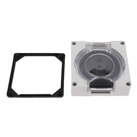 TT 30R Lockable Power Outlet Receptacle with Brass Contacts and IP55 Weatherproof Rating next to a black mounting frame.