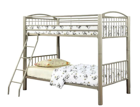 Twin Over Twin Metal Bunk Bed With Movable Ladder And Rails That Converts Into Two Separate Beds, Metallic Gold Finish