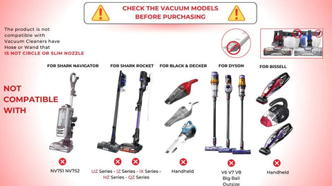 Compatibility warning for All In One Vacuum Attachments Kit with Universal Hose Adapters, excluding Shark, Black & Decker, Dyson, Bissell models.