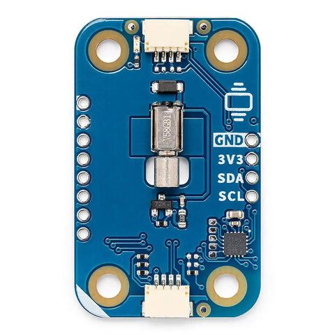 Top view of Modulino Vibro Vibration Feedback Module With Qwiic Sensor, blue circuit board, and visible component layout.