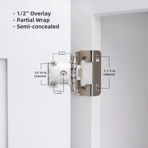 Half Inch Overlay Brushed Nickel Cabinet Hinges 10 Pack Soft-Close Semi-Wrap Face Frame Hinges shown on white cabinet