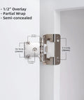 Brushed Nickel One Half Inch Overlay Cabinet Hinges Self Closing Semi Wrap Face Frame For Cabinet Doors with dimensions shown