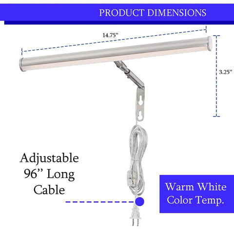 14 Inch Picture Light With Integrated LED 3000K Warm White 4W (40W Eqv) Metal Wall Mount Artwork Display Light CRI90 96 Inch Cord