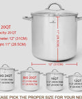 Commercial Grade 20 Quart Stock Pot With Lid Nickel Free Stainless Steel Heavy Duty Induction Ready Polished Stock Pot For Home Kitchen And Catering Kitchen Workhorse Large Soup Pot with size comparisons.