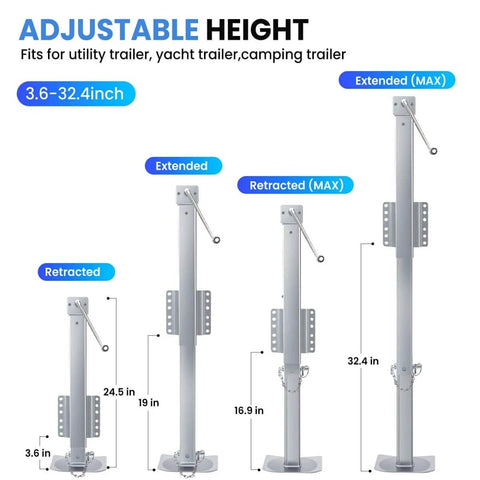 Heavy Duty 8000 Lb Trailer Jack With 28.8 Inch Lift, Cordless Drill Compatible 20-24V shown in various heights from 3.6 to 32.4 inches