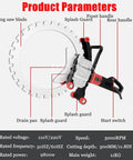 16 Inch Electric Concrete Saw With 9800W High Power Motor and Water Fed Dust Suppression, showing ring saw blade and features.