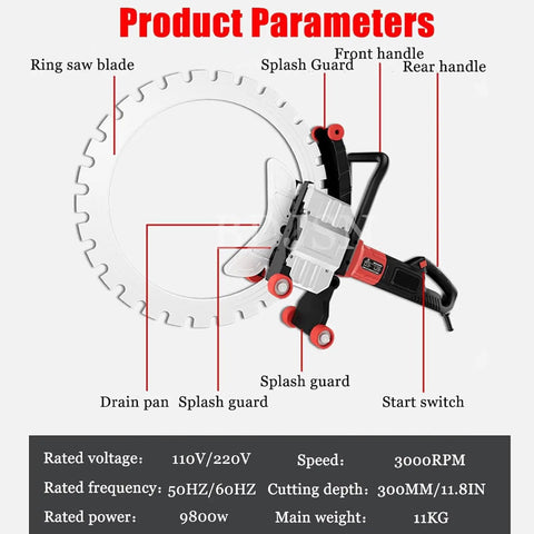 16 Inch Electric Concrete Saw With 9800W High Power Motor and Water Fed Dust Suppression, showing ring saw blade and features.