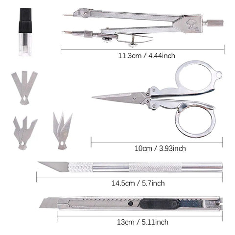 Must-Have 87-Piece Model Tool Kit For Gunpla And Hobby Building scissors, knives, compasses, and blades with measurements