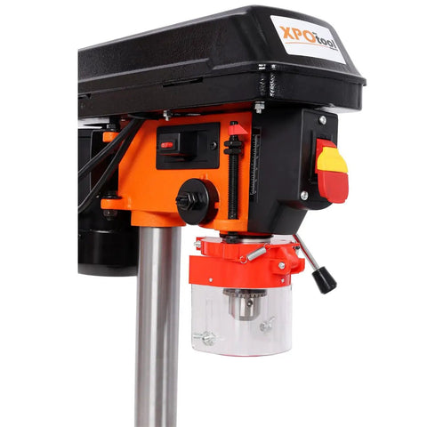 Close-up of 8 Inch Swing Benchtop Drill Press With Safe Laser Positioning and Digital Meter for Precise Drilling, featuring an orange and black design.