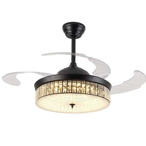 Crystal Ceiling Fan Lights With Remote Retractable Blades 42-Inch Black Chandelier Ceiling Fan Variable Speed LED Light