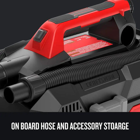 Cordless Shop Vac Vacuum Cleaner Wet And Dry 2 Gallon Tank With 7 Foot Hose Bare Tool showing handle and hose storage