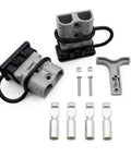 Kickass Universal 120A 6 Gauge AWG Battery Quick Connect Disconnect Kit parts including two plugs and connectors.