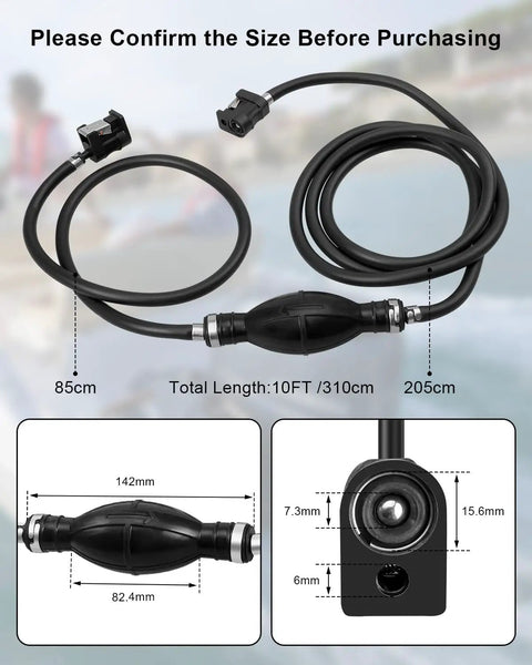 10Ft 5 Sixteenth Inch Outboard Fuel Line Kit With Primer Bulb And Tank Boat Ready Quick Female Connector Fits Yamaha Johnson Mercury Outboard 4 HP To 200 HP Includes NBR Lines And Fuel Filter, product dimensions shown