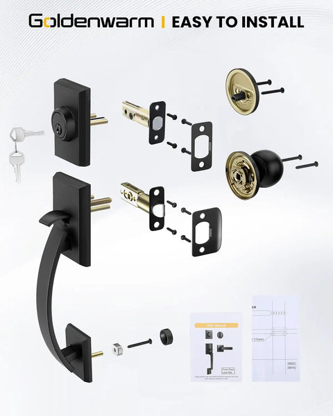 Matte Black Front Door Handle And Deadbolt Set With Reversible Knob Heavy Duty Exterior Door Lock Kit Easy Install diagram