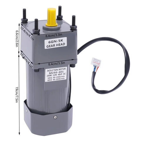 250W 110V AC gear motor with bracket, grey housing and yellow top knob; Amazon brand.