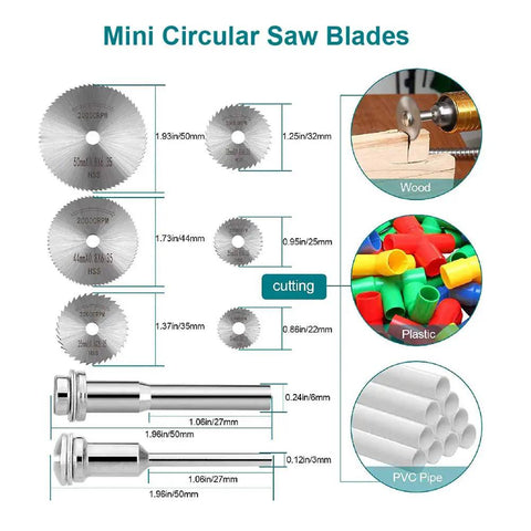 Eight Piece Rotary Drill Saw Blades Set With One Eighth Inch Shank For Most Rotary Tools HSS Steel Disc Cutters for cutting wood, plastic, PVC
