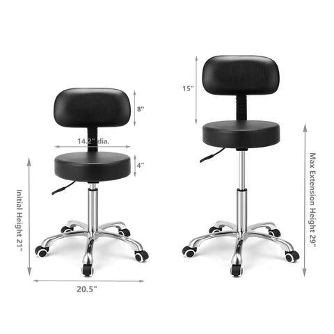 Rolling Stool With Back Rest, Swivel Adjustable Heavy Duty Chair On Wheels For Hair Salons, PU Leather Seat, height measurements