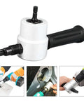 Double Head Metal Sheet Cutter Attachment For Drill Pro Grade 360 Degree Adjustable Nibbler Tool on white background with usage examples