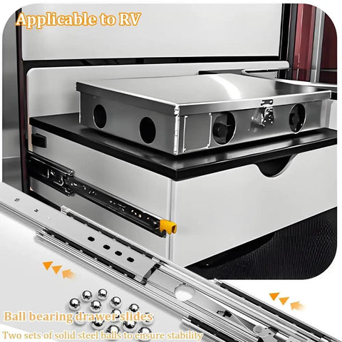 Beefy 64 Inch Drawer Slides With Lock And Full Extension Ball Bearing Rails 500 Lb Capacity shown with toolbox application in RV