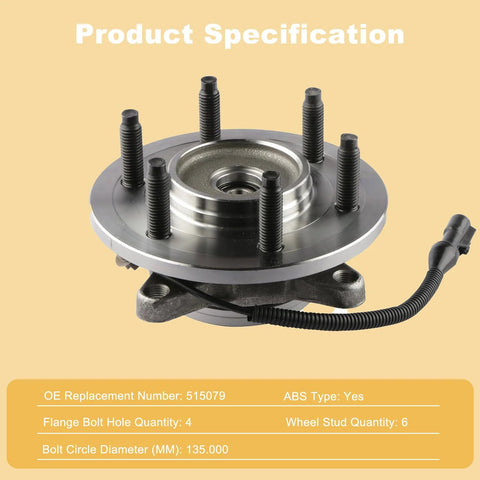 Pair Front Wheel Hub And Bearing Assemblies 515079 For 2005 To 2008 F150 4WD 6 Stud And 2006 To 2008 Mark LT Direct Replacement