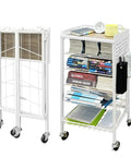 Foldable Six Tier Book Cart With Pegboard Space Saver Slim Rolling Utility Shelves Large Capacity V Shaped Shelves And Brake Wheels For Home And Office Storage White showing folded and open views with books and office items