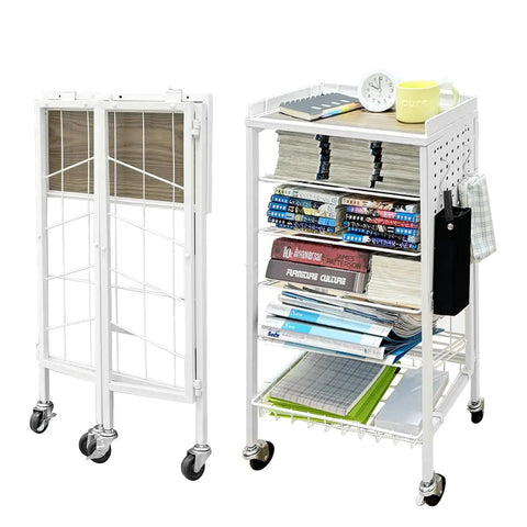 Foldable Six Tier Book Cart With Pegboard Space Saver Slim Rolling Utility Shelves Large Capacity V Shaped Shelves And Brake Wheels For Home And Office Storage White showing folded and open views with books and office items