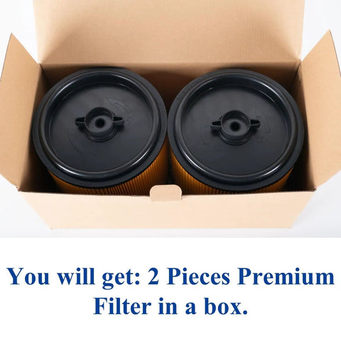 Two Pack Standard Cartridge Filter And Retainer Kit For 5 To 20 Gallon Wet Dry Vacuums Compatible With Vacmaster VCFS And Hart Shop Vacs Universal Fit Across Most 5 To 20 Gallon Vacuums, showing filters in a box.
