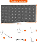 Heavy Duty Metal Pegboard Wall Organizer for Garage and Workshop 24 By 24 Inch Or 12 By 48 Inch Panels 70 Piece Tool Storage Pegboard Set With Hooks for Workbench Black showcasing panel sizes and included hooks.