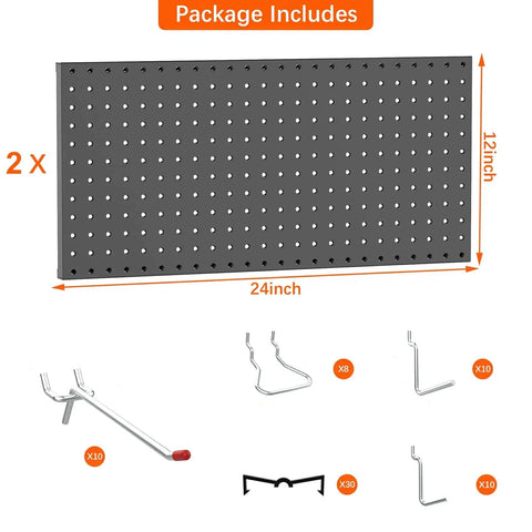 Heavy Duty Metal Pegboard Wall Organizer for Garage and Workshop 24 By 24 Inch Or 12 By 48 Inch Panels 70 Piece Tool Storage Pegboard Set With Hooks for Workbench Black showcasing panel sizes and included hooks.